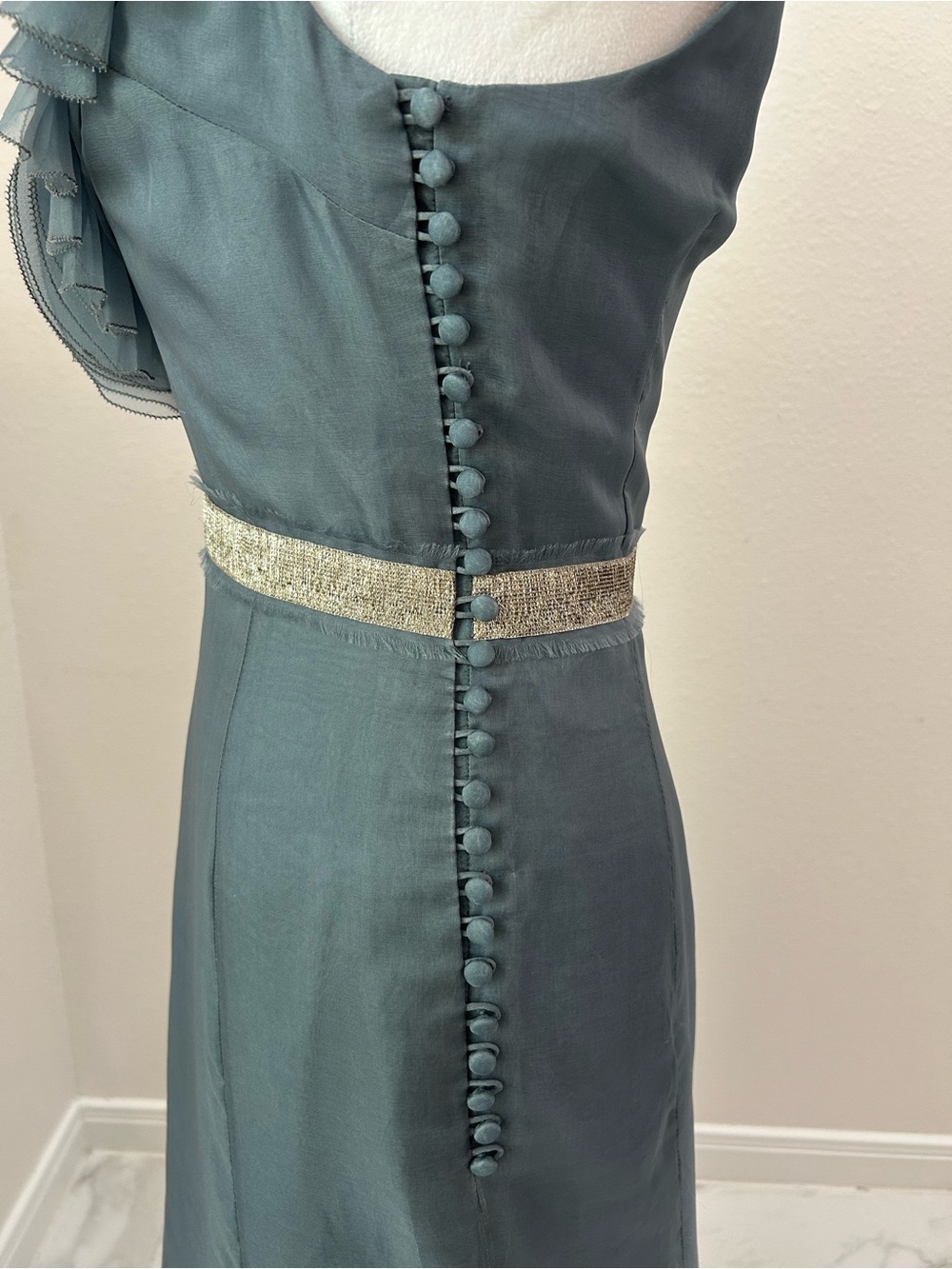 Lela Rose Slate Blue Evening Gown with Ruffled V-Neck, 100% Silk Organza Dress - Picture 8 of 15